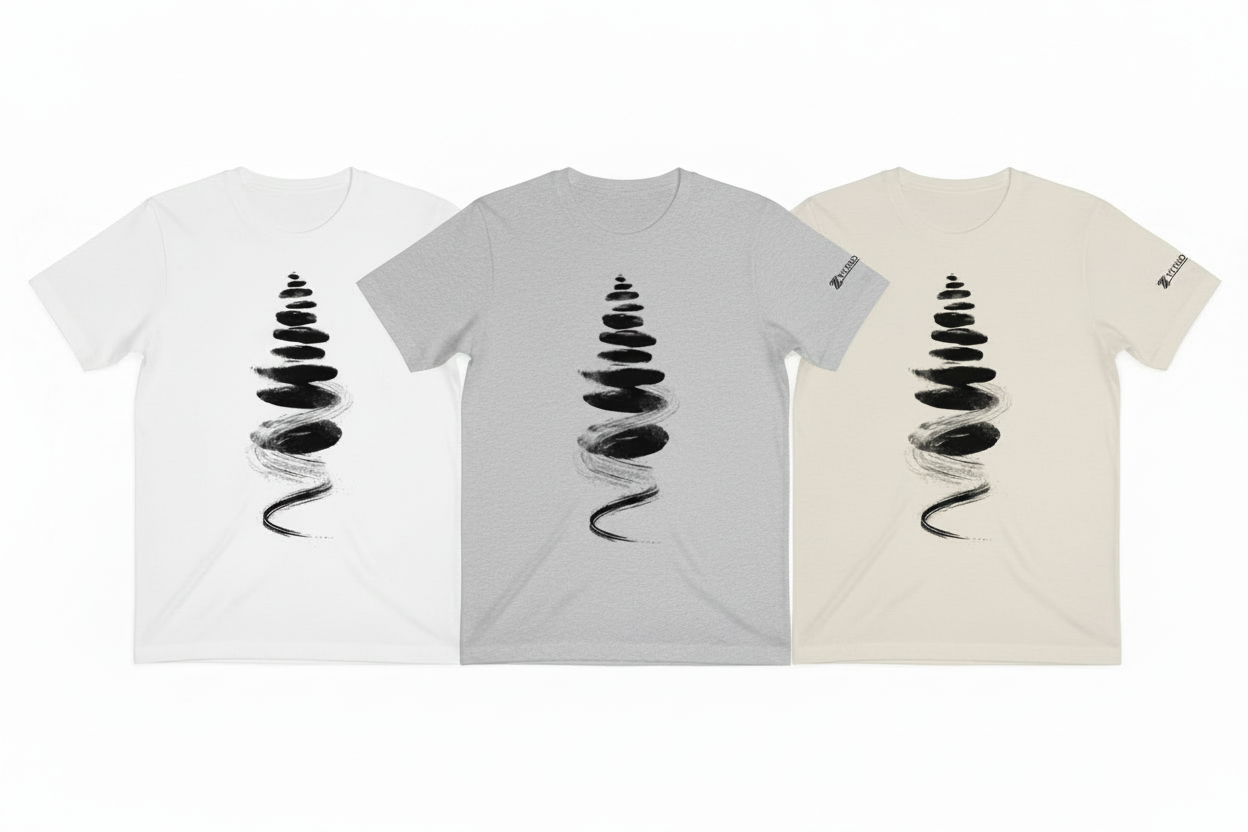 Flat lay 3 t-shirts pierres zen logo ZYLTHO subtil