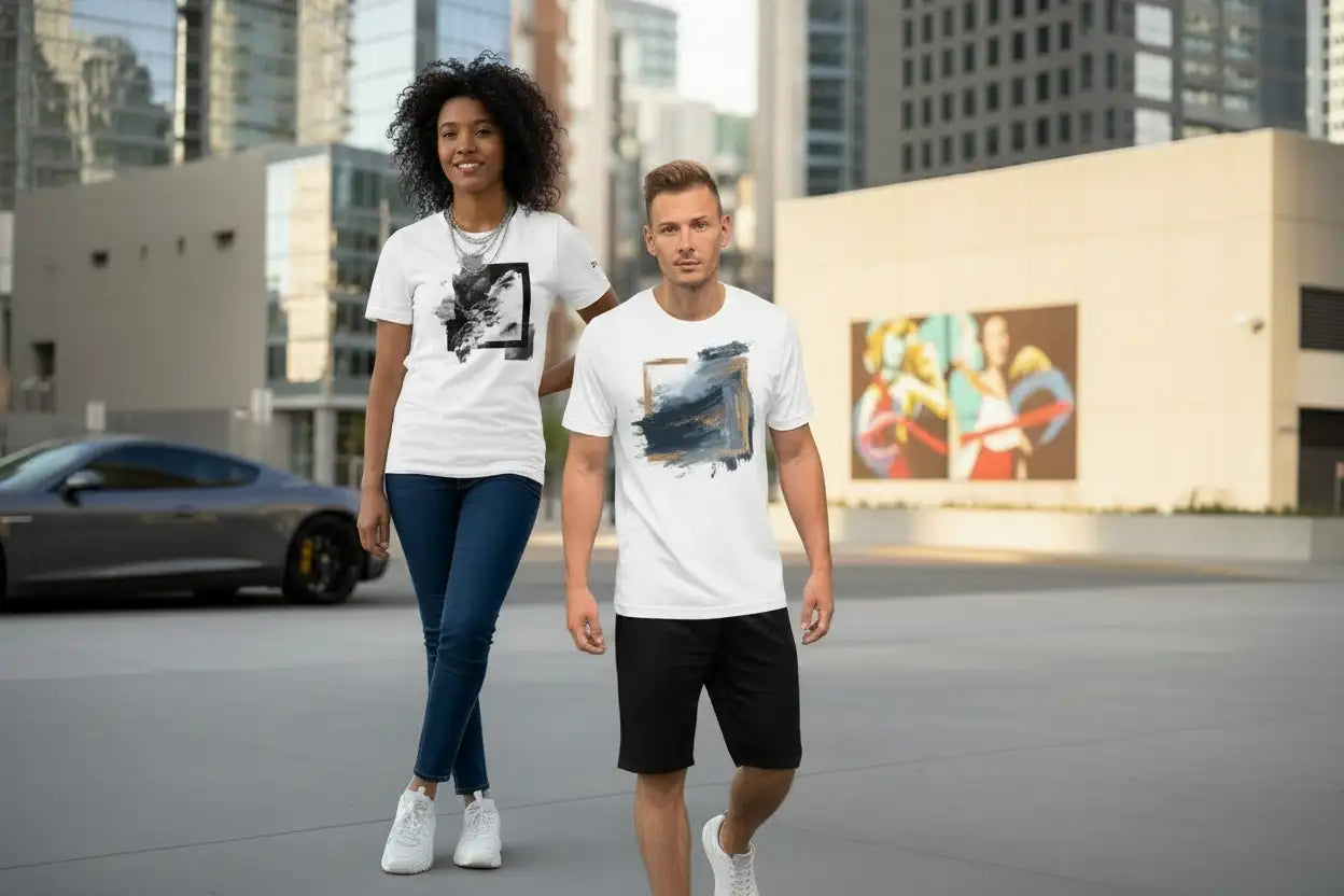 Des t-shirts blancs avec des motifs abstraits de projections de peinture dans des tons noirs, gris et bleus.